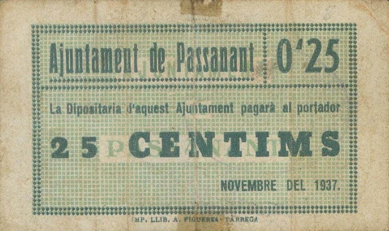Billete 25 Céntimos (Passanant) | 1937 - Anverso Anverso de 25 Céntimos (Passanant)