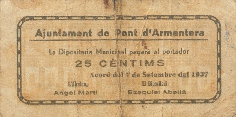 Anverso de 25 Céntimos (Pont d'Armentera)