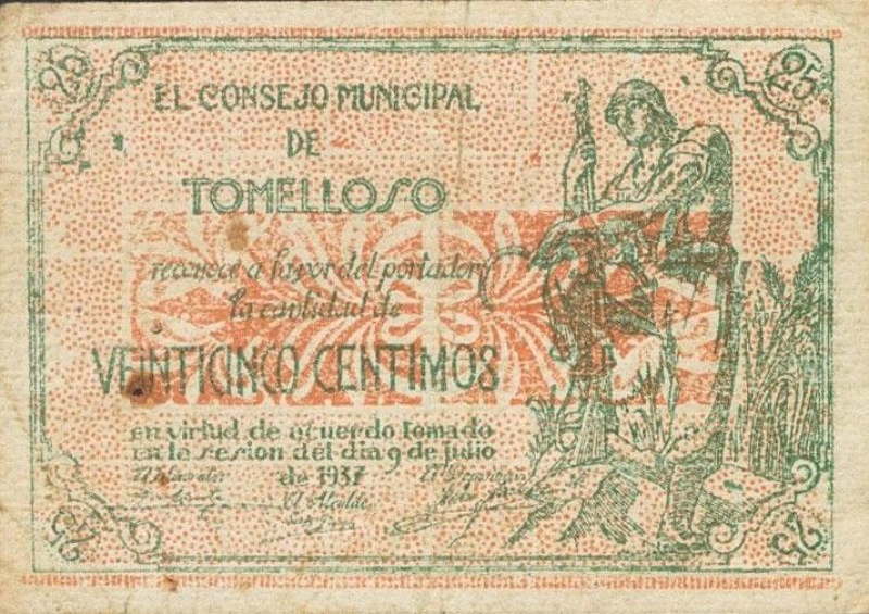 Billete 25 Céntimos (Tomelloso) 1937 - Pesetas España | Vendermonedas.es