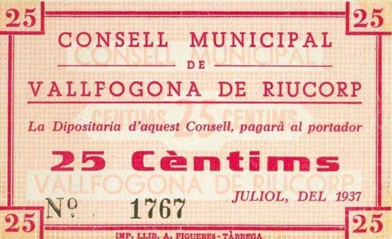 Anverso de 25 Céntimos (Vallfogona de Riucorp)