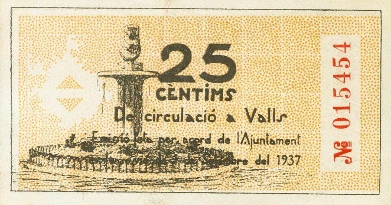 Billete 25 Céntimos (Valls) | 1937 - Reverso Reverso de 25 Céntimos (Valls)