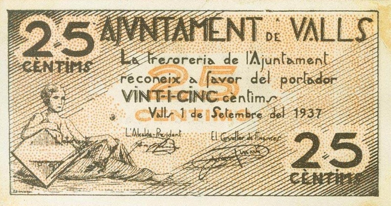 Billete 25 Céntimos (Valls) | 1937 - Anverso Anverso de 25 Céntimos (Valls)