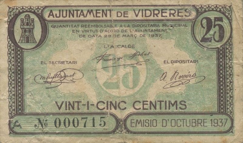 Anverso de 25 Céntimos (Vidreres)
