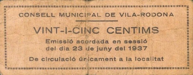 Billete 25 Céntimos (Vila-rodona) | 1937 - Reverso Reverso de 25 Céntimos (Vila-rodona)