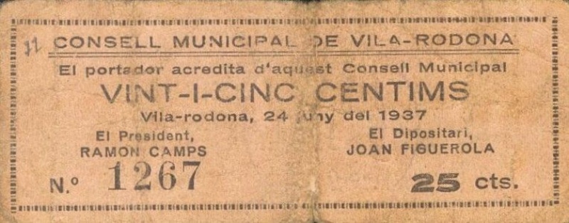 Billete 25 Céntimos (Vila-rodona) | 1937 - Anverso Anverso de 25 Céntimos (Vila-rodona)