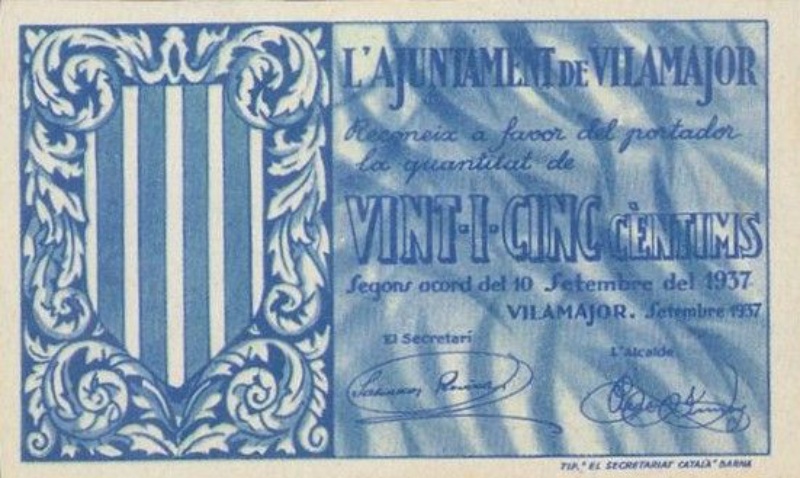 Billete 25 Céntimos (Vilamajor) | 1937 - Anverso Anverso de 25 Céntimos (Vilamajor)