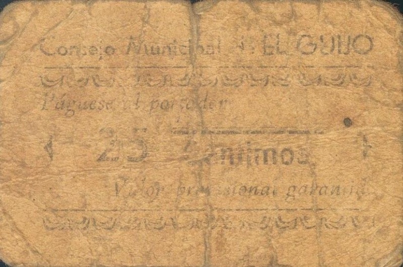 Billete 25 Céntimos de Peseta (El Guijo) | 1936 - 1939 - Anverso Anverso de 25 Céntimos de Peseta (El Guijo)