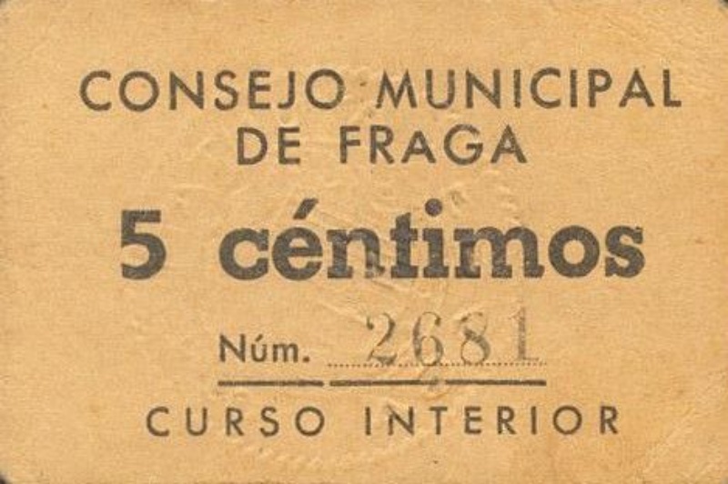 Billete 5 Céntimos de Peseta (Fraga) | 1936 - 1939 - Anverso Anverso de 5 Céntimos de Peseta (Fraga)