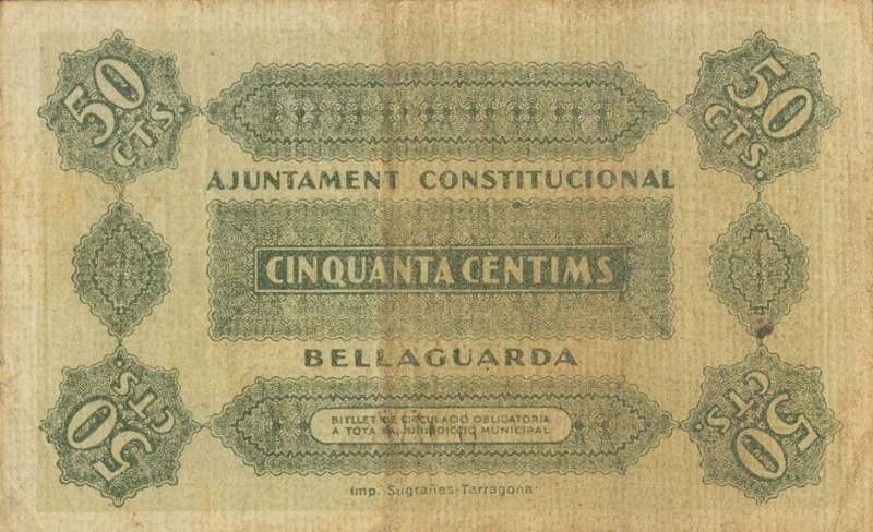 Billete 50 Céntimos (Bellaguarda) | 1937 - Reverso Reverso de 50 Céntimos (Bellaguarda)