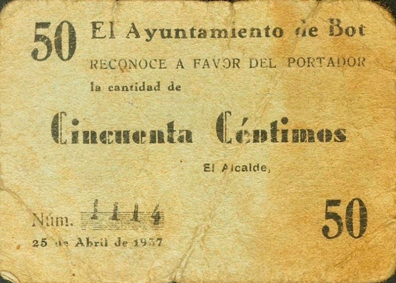 Billete 50 Céntimos (Bot) | 1937 - Anverso Anverso de 50 Céntimos (Bot)