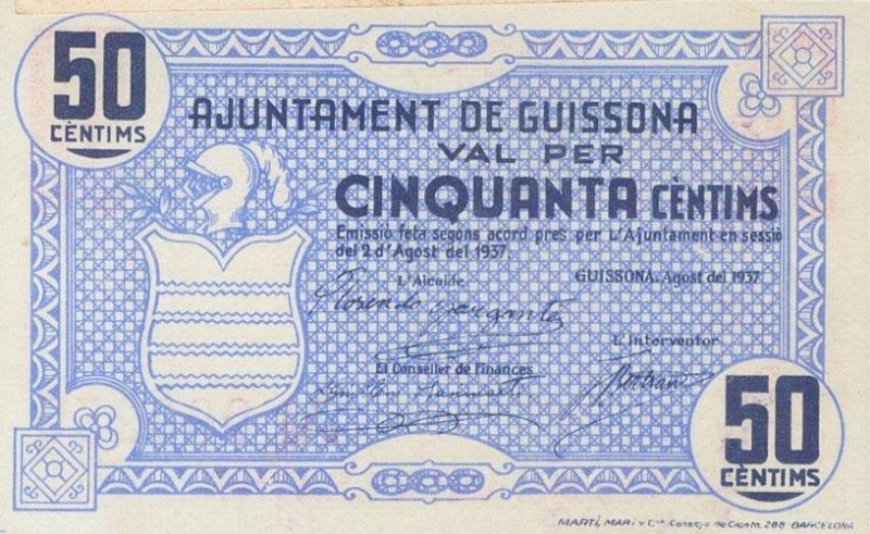 Billete 50 Céntimos (Guissona) | 1937 - Anverso Anverso de 50 Céntimos (Guissona)