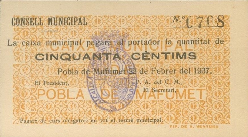 Anverso de 50 Céntimos (Pobla de Mafumet)