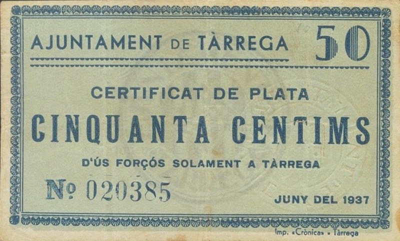 Anverso de 50 Céntimos (Tàrrega)