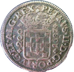 Anverso de ½ (medio) Cruzado/200 Reales (Réais) - Pedro II (Corona del Rey, ceca de Lisboa)
