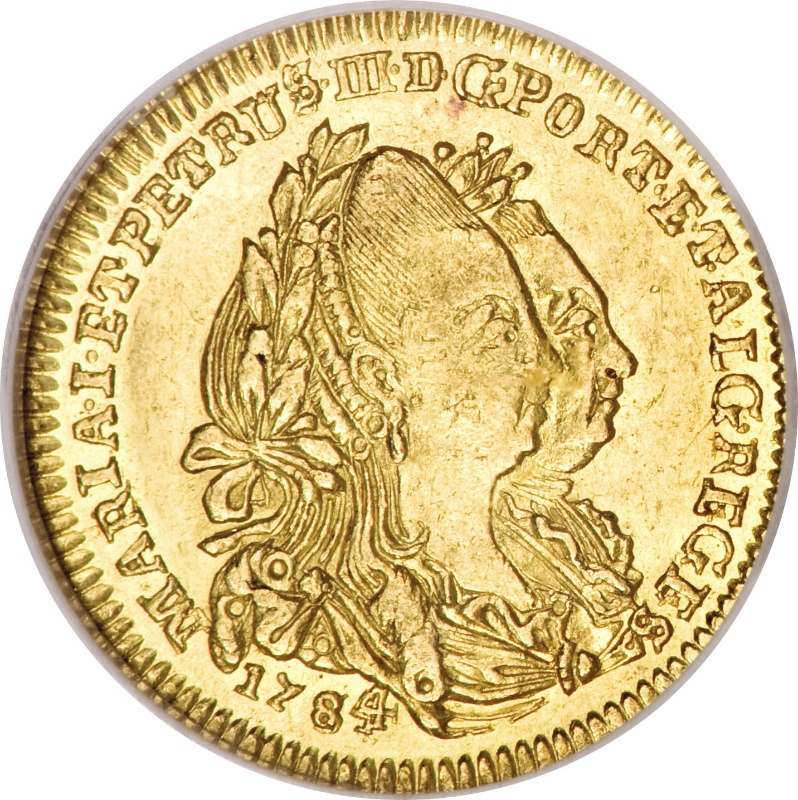 Anverso de ½ (medio) Escudo - María I y Pedro III (cecas de Lisboa y Bahía)