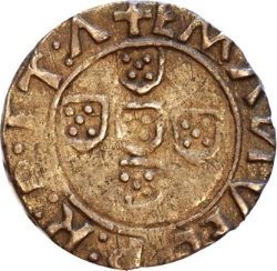 Anverso de ½ (medio) Vintém - Manuel I (ceca de Lisboa) 1er tipo