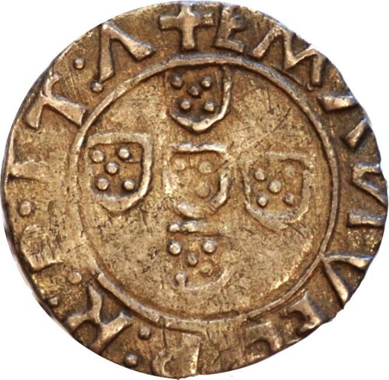 Anverso de ½ (medio) Vintém - Manuel I (ceca de Lisboa) 1er tipo